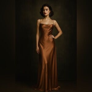 Show Me Your Mumu Tuscany Elegant Satin Maxi Slip Dress in Copper Luxe